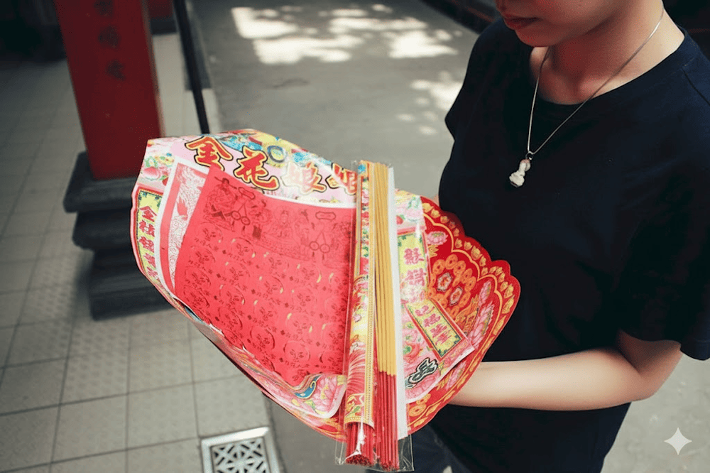 Người đi lễ chuẩn bị mâm lễ cầu duyên tại chùa Bà Thiên Hậu